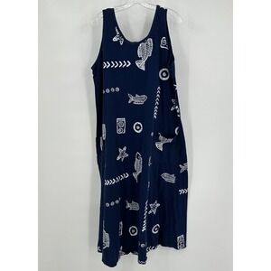 Womens Vintage Fish Print Maxi Dress Size L Summer Eclectic Indie Nautical Blue